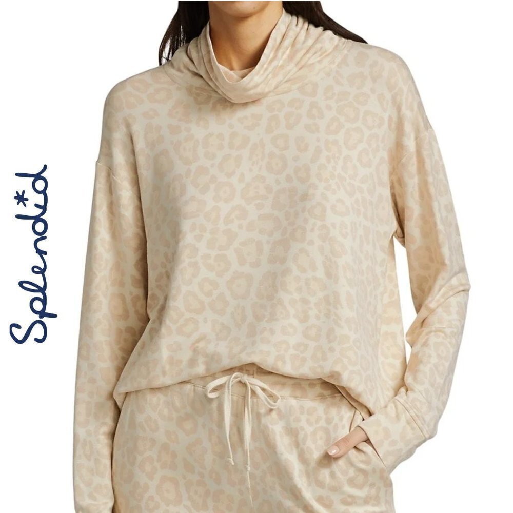 NWT SPLENDID Ultra Soft Leopard Print Cowl Neck Pullover Top Sweatshirt